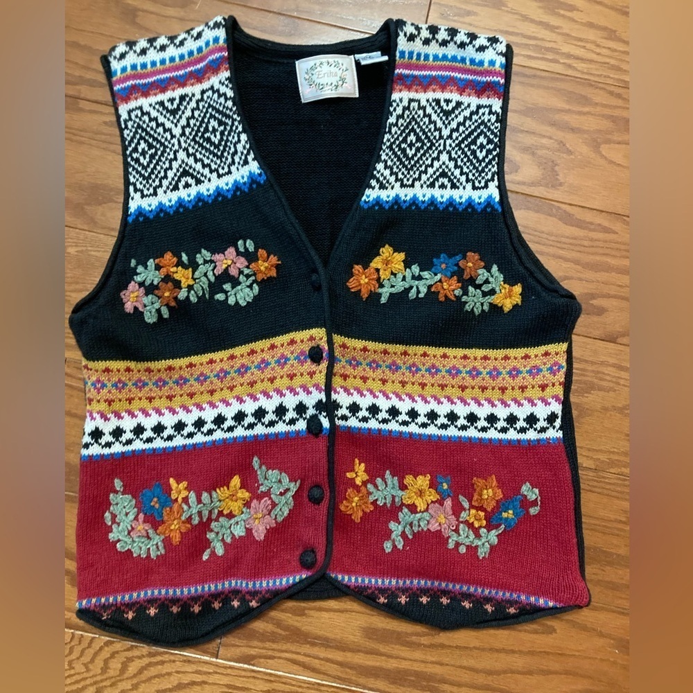 Vintage Knit Crocet Floral Embroidered Teacher Vest Coastal Granny Y2K BLK MED